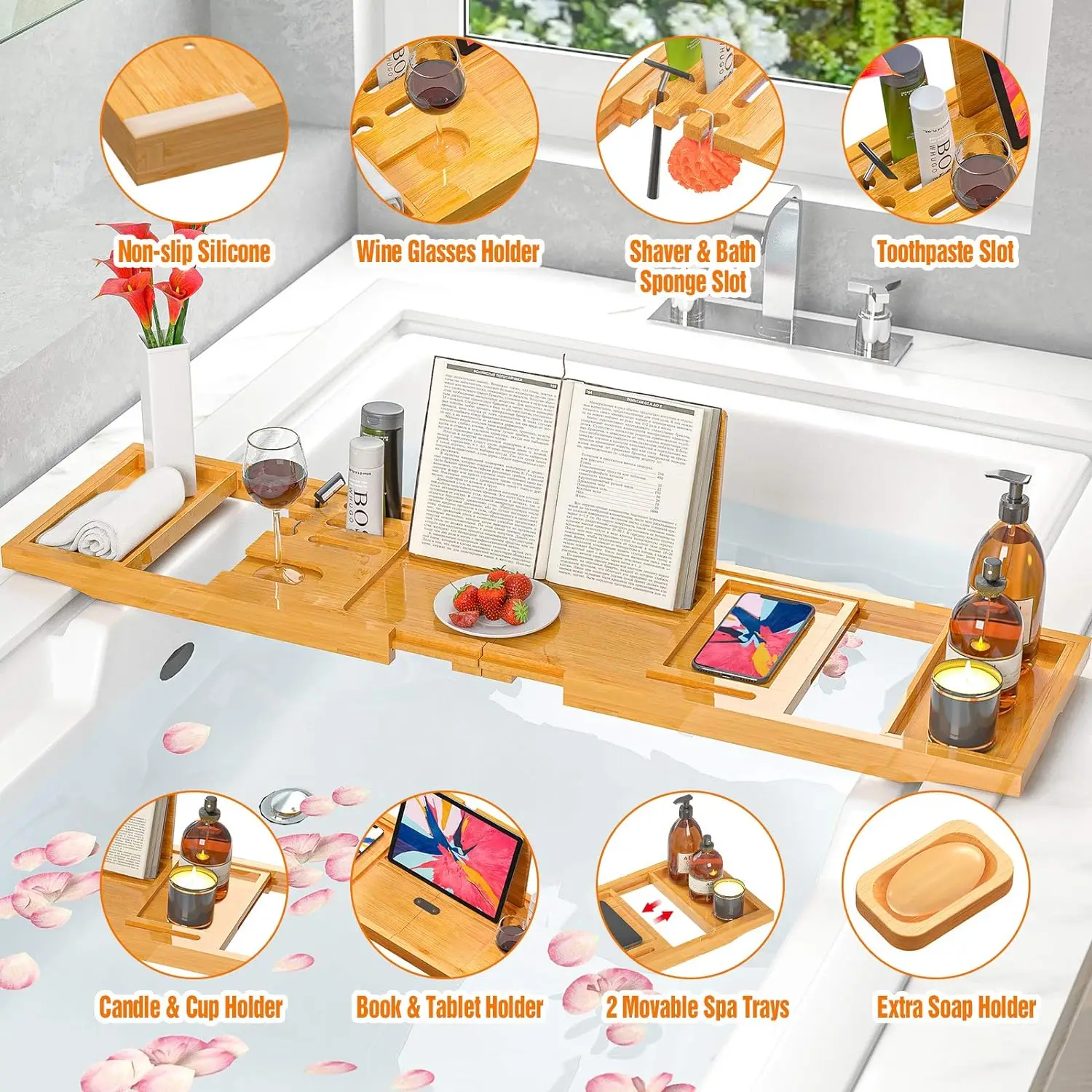 product premium bamboo bathtub caddy tray expandable foldable bath tray with anti slip grips soap wine phone-1