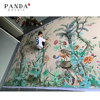 2021 Wholesale Moden Flowers And Birds Pattern Art Pictures Wall Decoration Ideas Glass Mosaic Mural Pattern Tiles