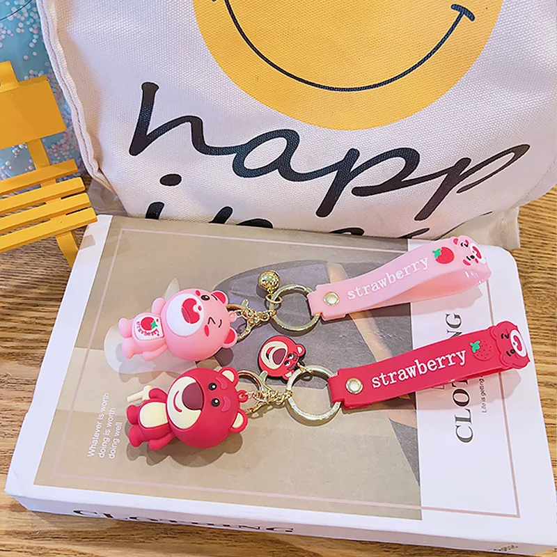 Newest Lovely 2 Colors Custom Cartoon Anime Strawberry Bear Bag accessories Rubber key chains