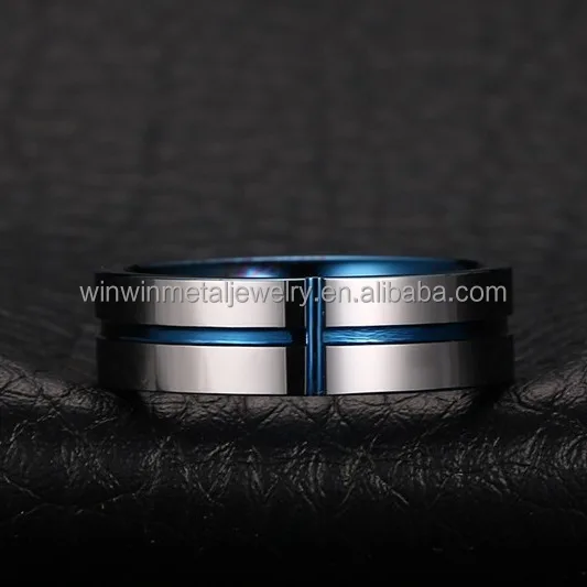 Blue 6mm Grooved Cross Tungsten Wedding Band Ring for Men & Women Trendy Comfort Fit