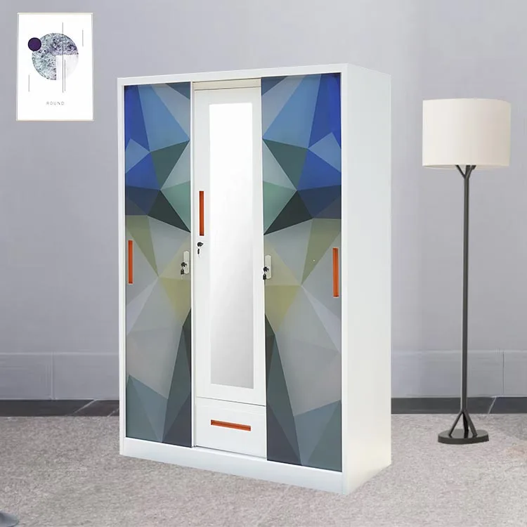 Digital Printed Steel Sliding Door 3-Door Wardrobe with Metal Mirror Flower Printed Almirah at an Affordab