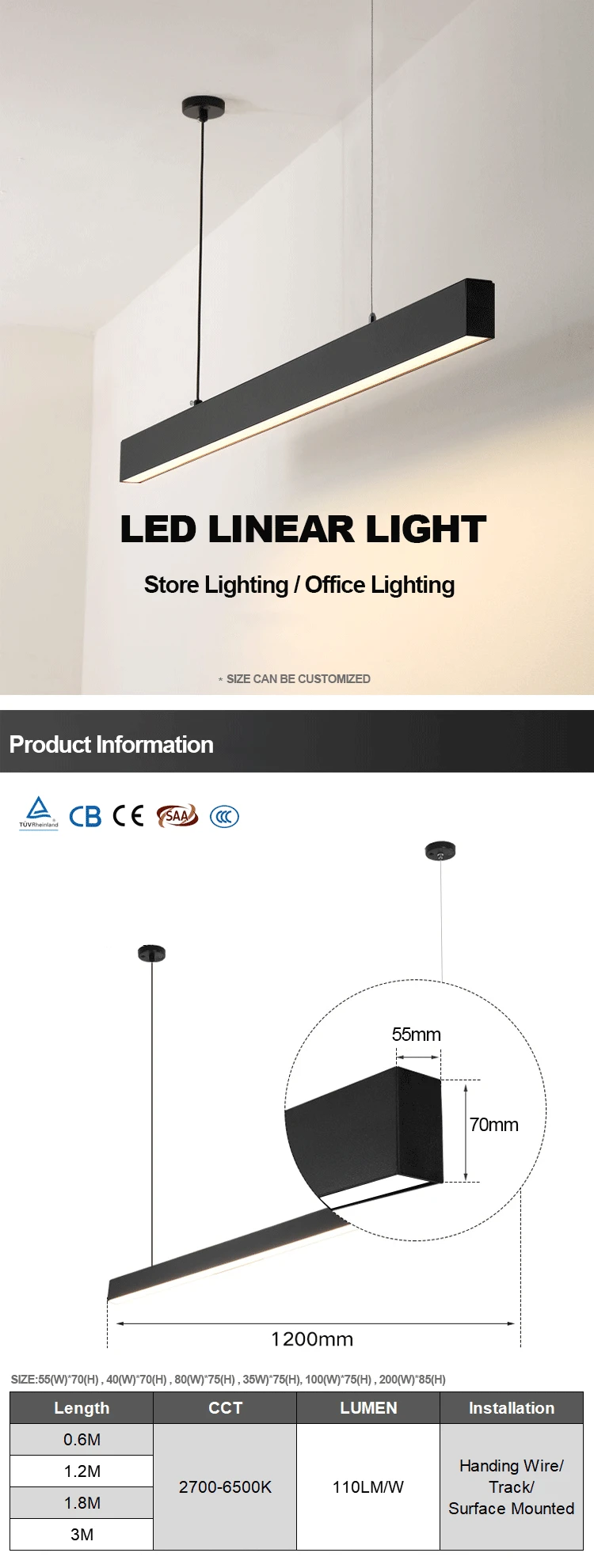 1.2M Kitchen Dining Table Bar Nickel Linear Suspension Lamp LED Pendant 36W Line Hanging Adjustable Light Fixture