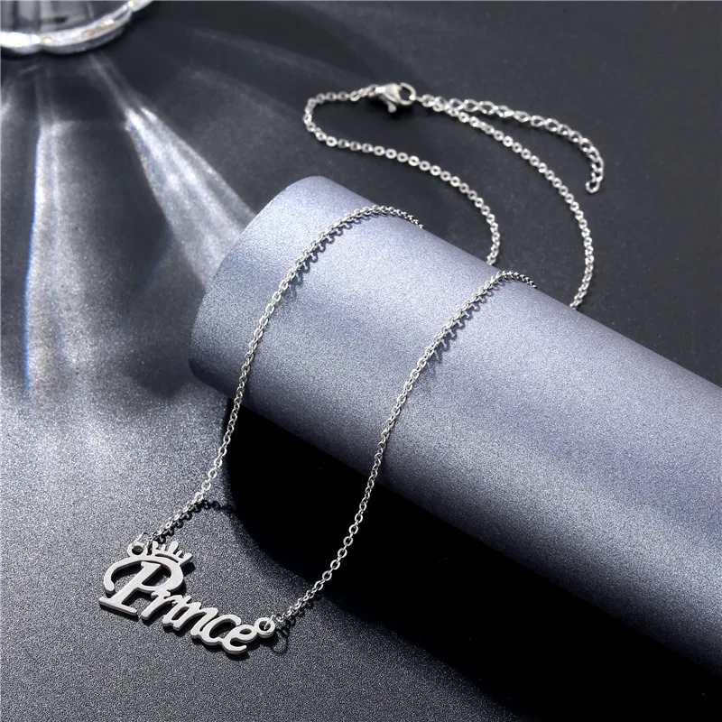 Stainless steel smooth collarbone chain Princess Prince letter pendant necklace