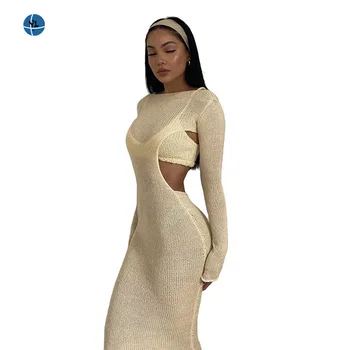 Best selling New Sexy Backless Dress Maxi Dresses With Halter Crop Top Women Long Sleeve Knitted Two Piece Dress Set