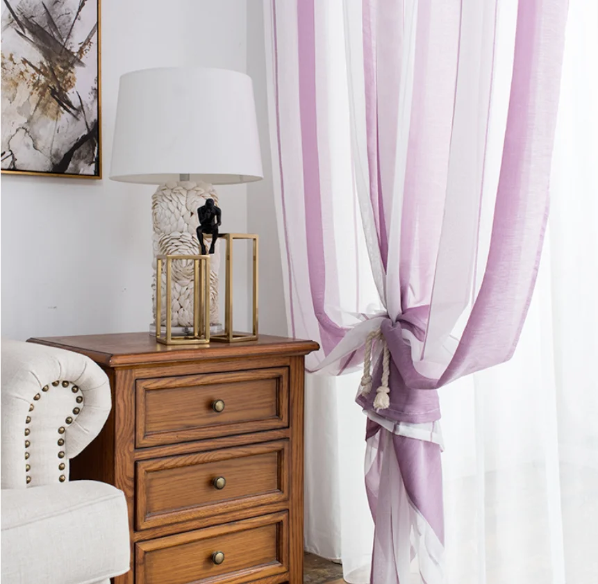 Manufacturer direct sales simple striped sheer window curtain Nordic style ready made voile curtain  for bedroom