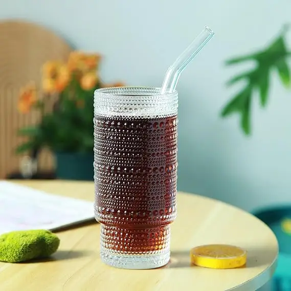 16oz Beaded  Glass Cups with Bamboo Lids and Straws Mixed Vintage Glassware Cute Old Fashioned Glass Stackable Mug