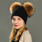Warm Wool Beanie 2019 Winter Crochet Fold-up 2 Large Fur Pompom Ball Beanie Hat Women Warm Knit Beanie Wool Baggy Hat
