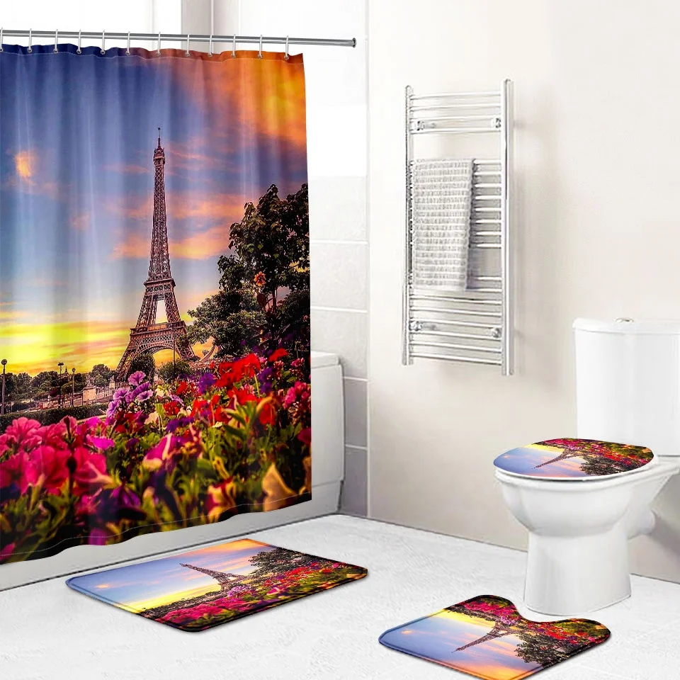 Fashion Paris Eiffel Tower Shower Curtain Set Bathroom Polyester Fabric Hooks 