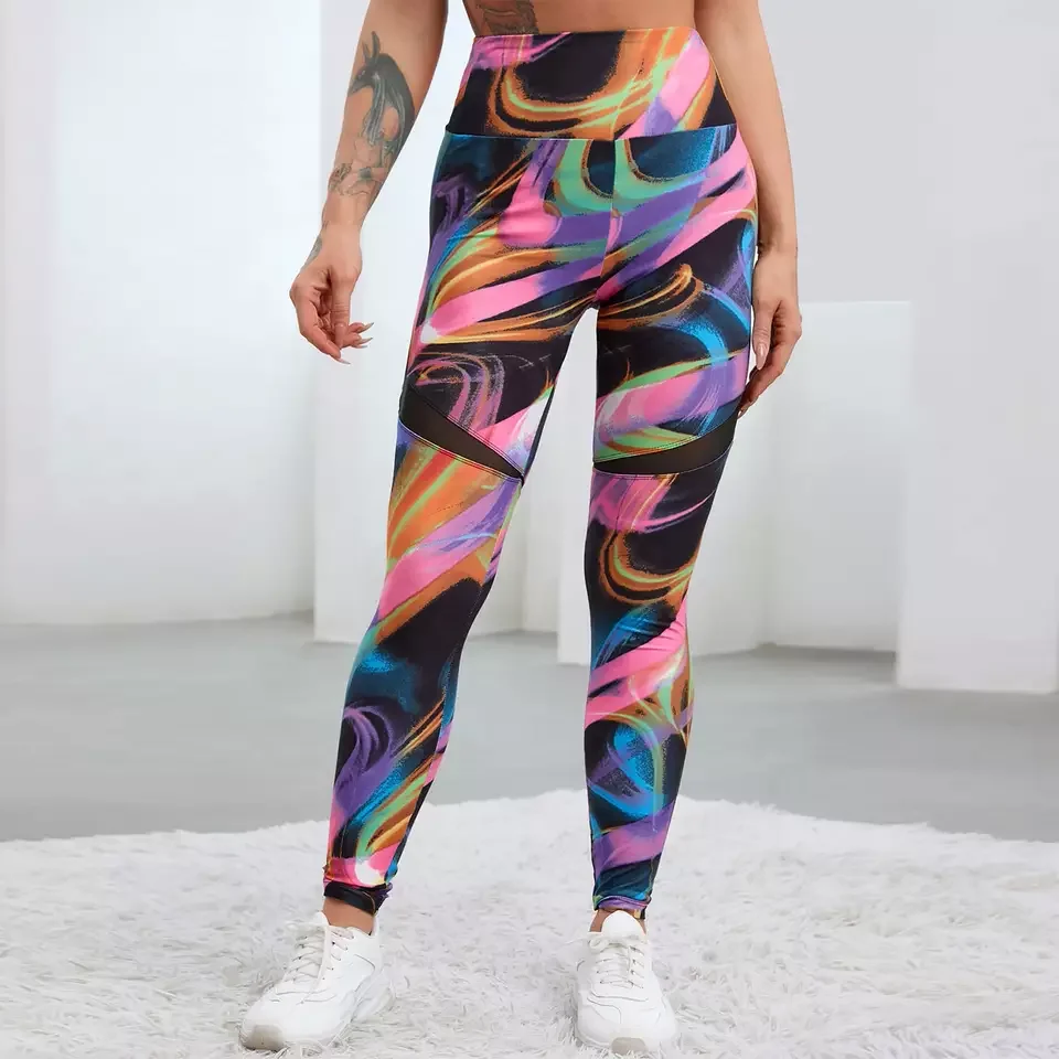 Mesh Stitching Stretch High Waist Tight Running Training Pants Colorful Printed Breathable  Bright colors Attractive Leggings
