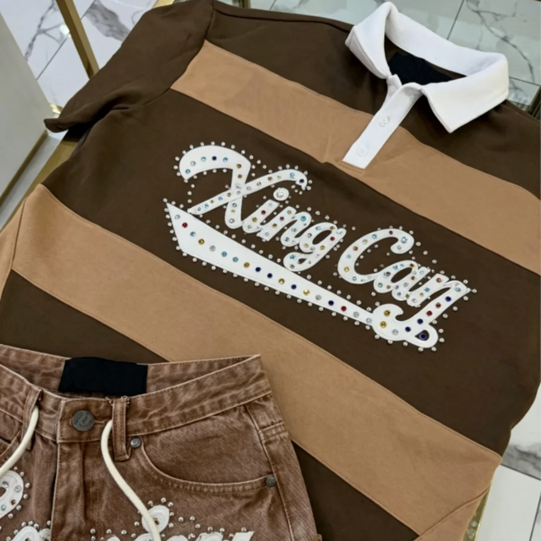 product high end custom polo shirt with rhinestone applique embroidery vintage acid wash rivet denim shorts with hand frayed hem-1