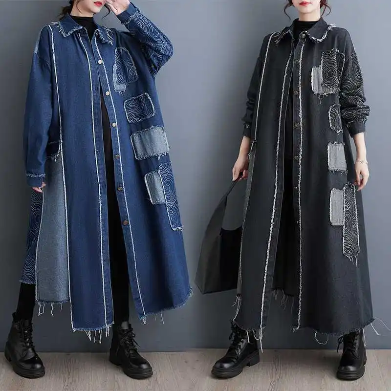 Boutique Wholesale 2025 Autumn New Loose Vintage Double Sided Washed Denim Craft Printed Spliced Women's Coats factory