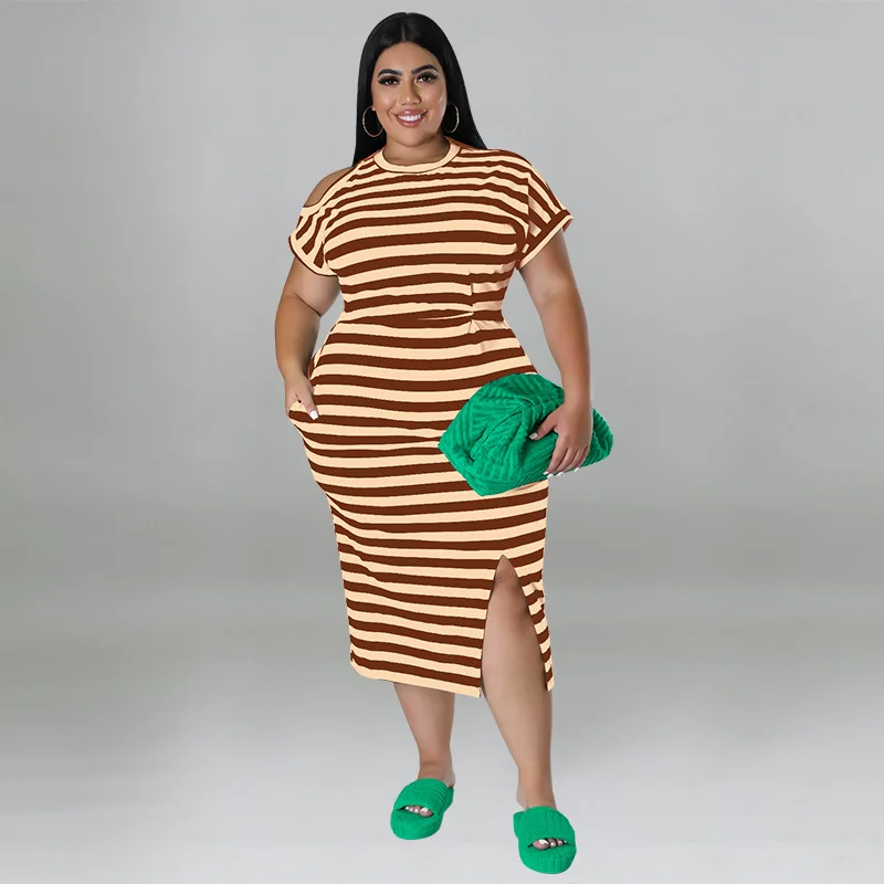 summer dress plus size women clothing fashion casual new striped homewear multicolor dress