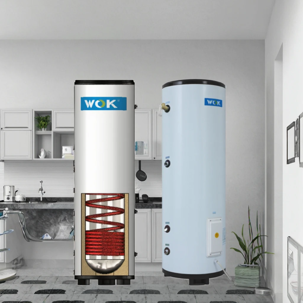 Electric WOK Flat Panel Solar Air Source Heat Pump 50L-500L Volume Water Tank DHW Coil Buffer Metal Housing for Household Hotel