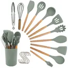Set Home And Kitchen Accessories 13 Pcs Kitchen Utensils Wooden Handles Non Toxic Silicone Cooking Spatula Set