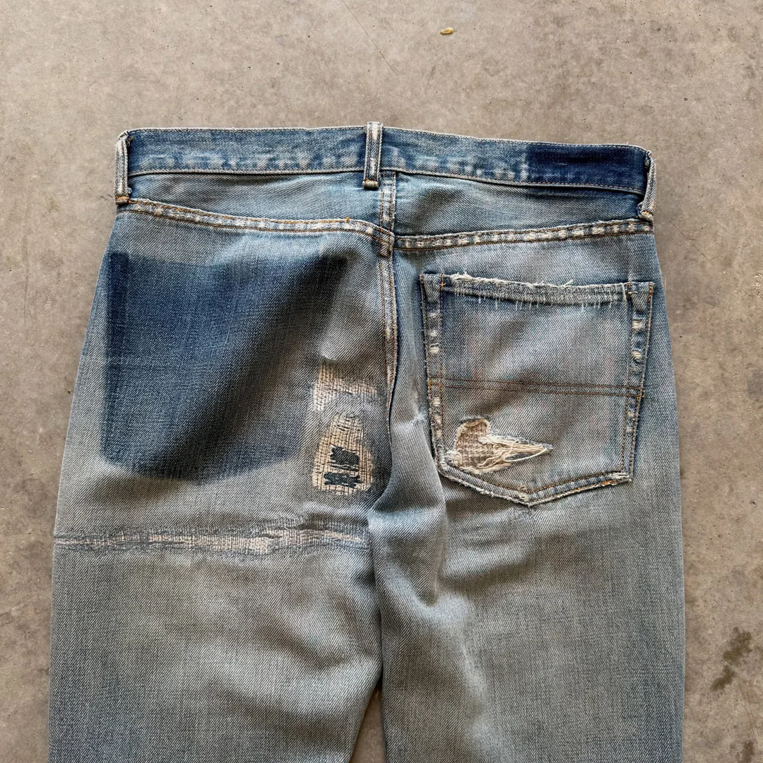 product oem clothing manufacturer men light blue heavy ripped flare denim pants streetwear distressed jeans wholesale-4