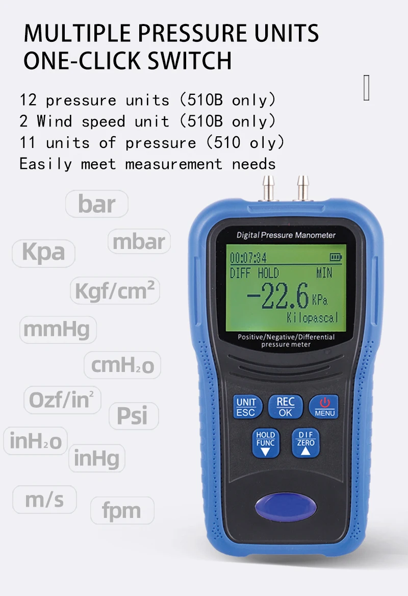 Digital Micromanometer High Precision 1pa Air Pressure Meter 12 Units