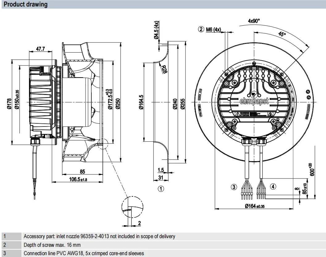 Brushless Centrifugal Blower, R3G250-RR01-H1, 250mm, 3740RPM - detail 12