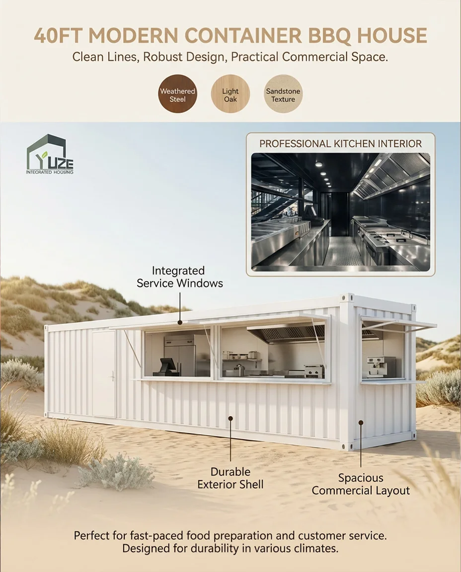 product customizable popular steel structure mobile 40ft commercial modular shipping bbq container kiosk with full kitchen-0