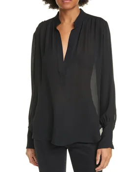 Plunge split drape neck long sleeve black 100% silk blouses women