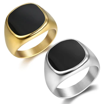 Anillo high quality fashion jewelry men black enamel finger ring custom gold plated stainless steel signet ring