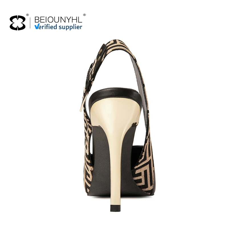 2023 Customized Logo Large Size Pointed Toe Gold Thin High Heel Sandals Buckle-fastening Slingback Strap Women's Sandals
