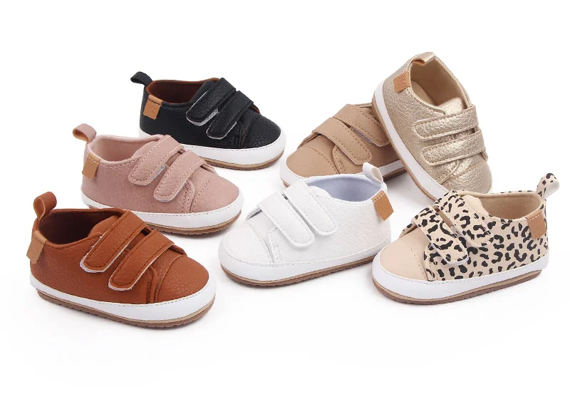 Unisex Toddler Shoes Soft Bottom with Solid Color and Leopard Print Non-Slip Design for Babies Aged 0-18 Months details
