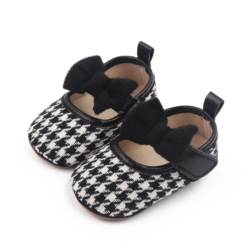 Plush Large Bow Thousand-bird Plaid Vintage Princess Soft-soled Toddler Shoes for Baby Girls manufacture