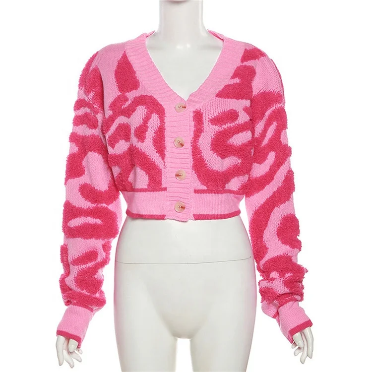 Knit Pink Sweet Cardigan Women Autumn Button Sweater Casual Long Sleeve Warm Lady Streetwear Tops
