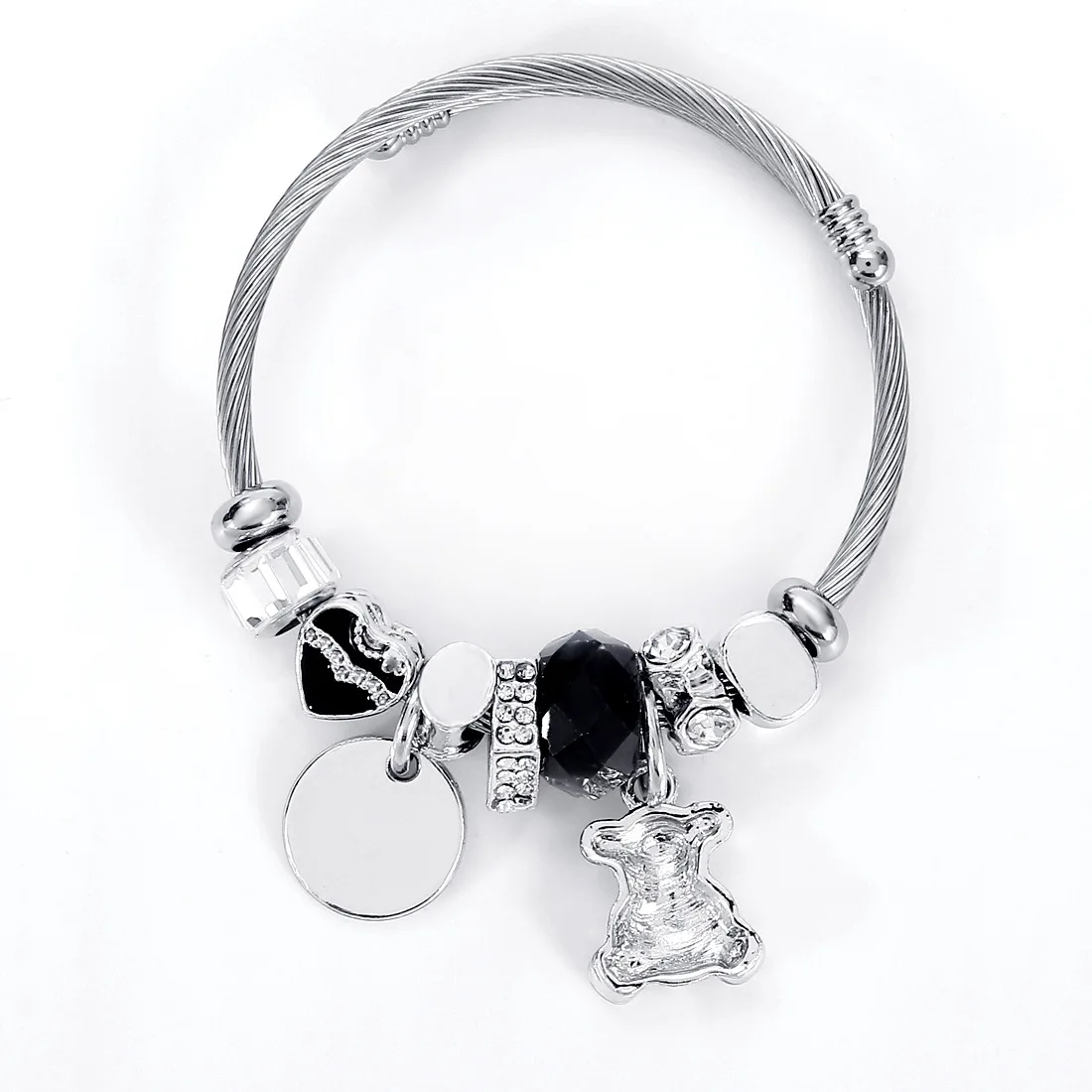 Romantic Bear Charm Bracelet With Client's Own Logo Engraved Stainless Steel Jewelry Hot Selling Lady Fashion Cuff Bracelet