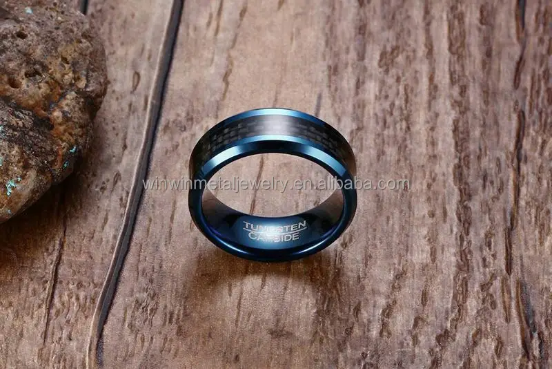 8mm Comfort Fit Tungsten Wedding Band Ring with Black Carbon Fiber Inlaid and Classic Gold Polished Finish