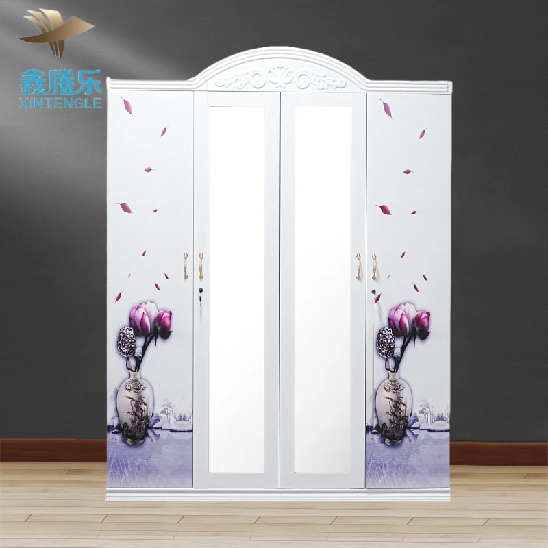 New Design Metal Closet with 4 Swing Doors Embossed Wardrobe Armario para Ropa con Espejo Ropero Bedroom Furniture for Home Use