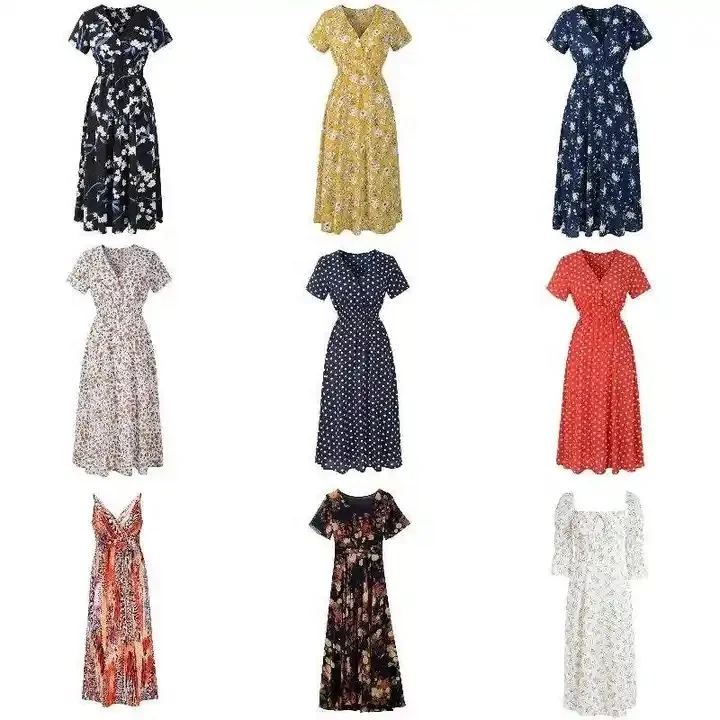 2024 Women's Summer Casual Ruffle Short Sleeve V Neck Boho Floral Print Midi Dress Flowy Chiffon A Line Long Dress