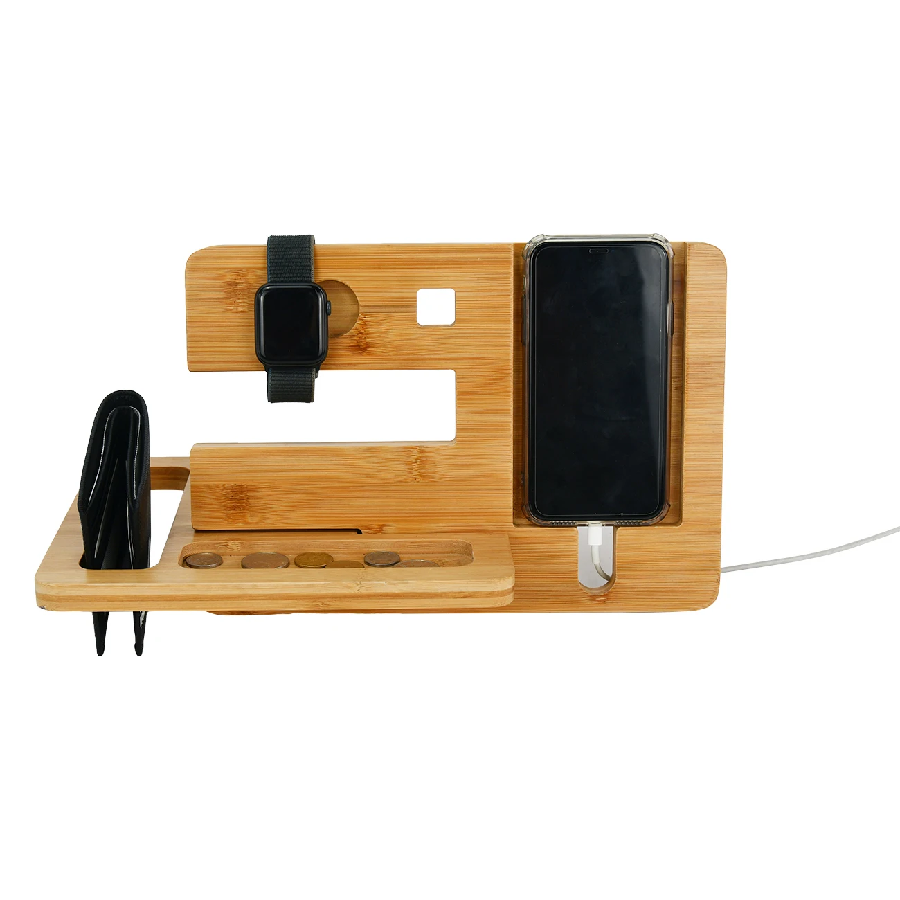 2023 Minimalism bamboo wood customized mobile phone watch holder with 6 compartments