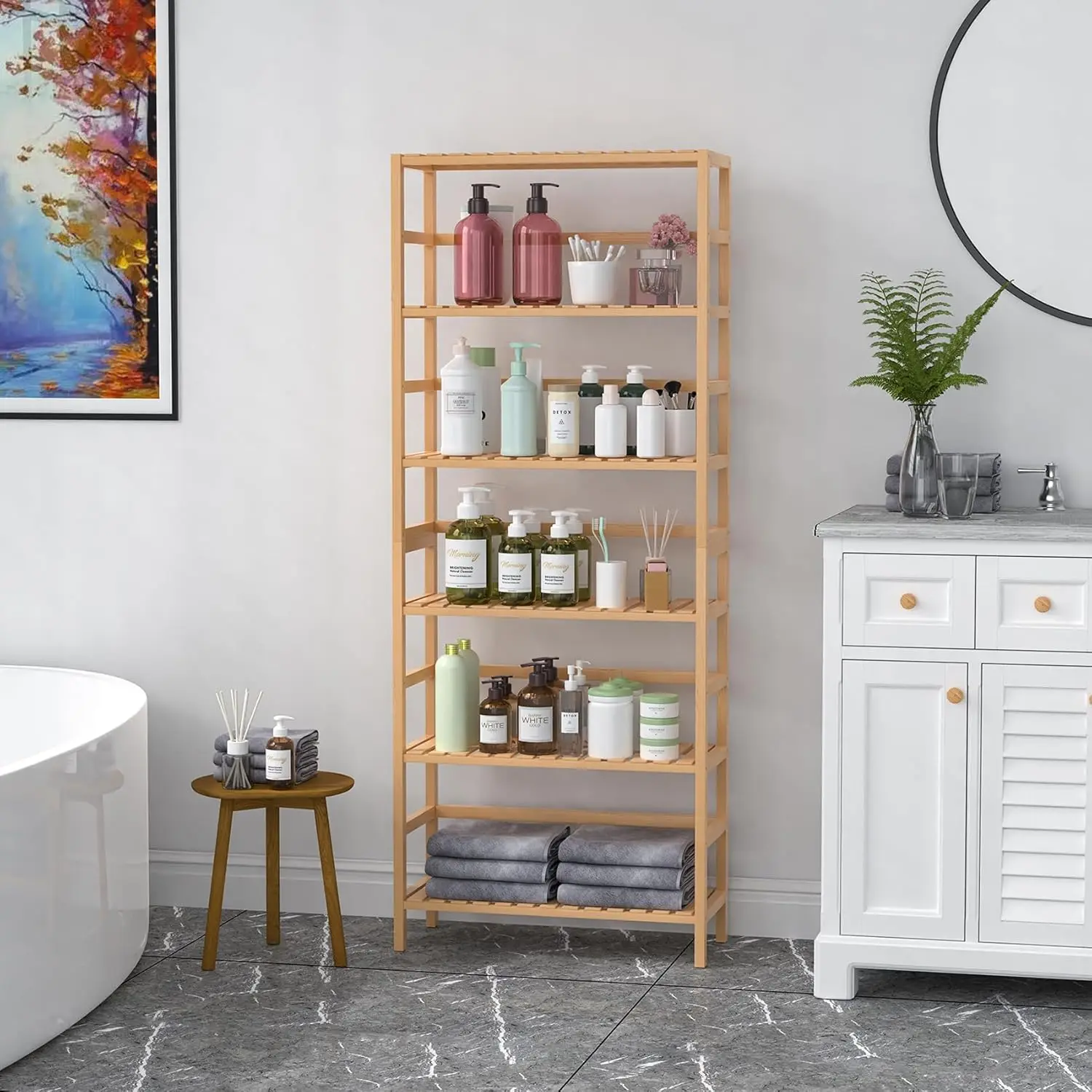 product 6 tier bamboo storage shelves adjustable bookcase with multipurpose display for bathroom or living room-9
