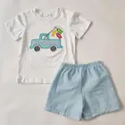 2020 Summer Cute Tractor Appliques Children's Green Seersucker Short Sleeve Cotton Shirt Clothing Sets