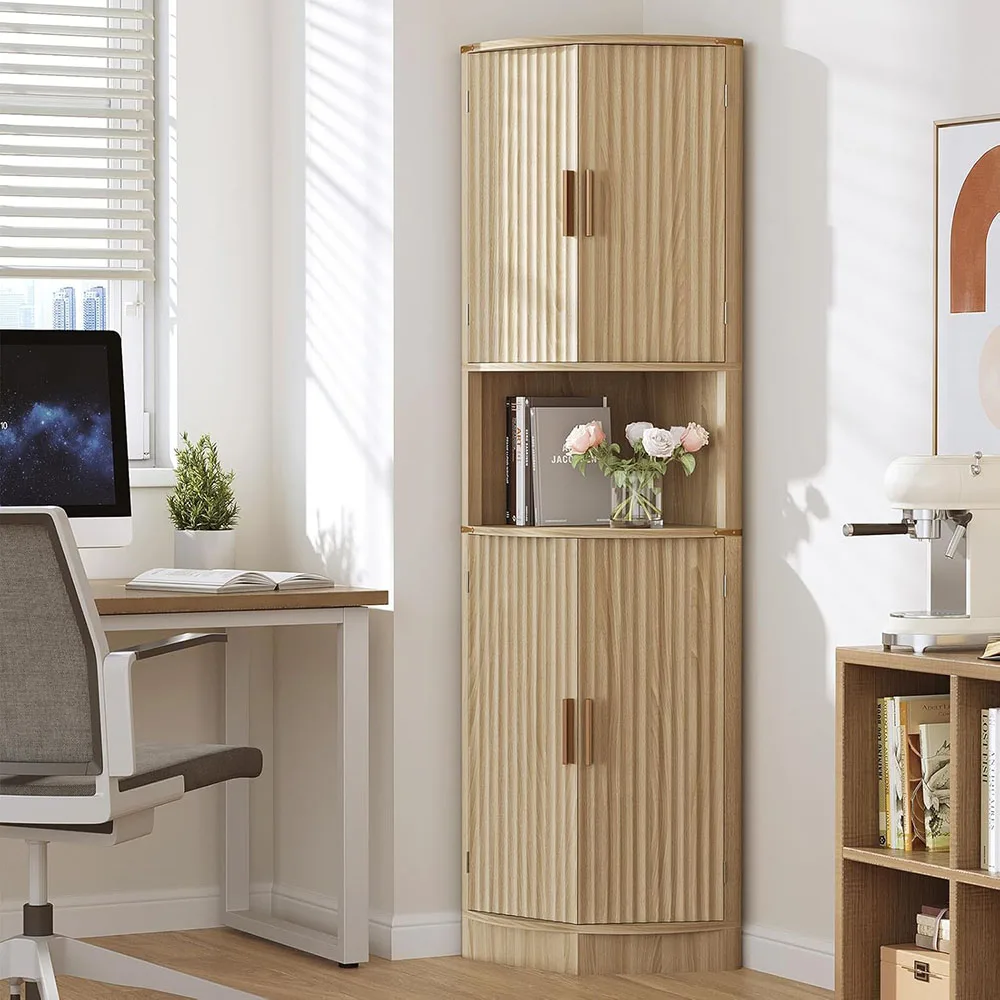 68" Tall Modern Wood Corner Storage Cabinet 4 Doors 5 Shelves Pantry Hutch Cupboard Space Saver Kitchen Living Room manufacture