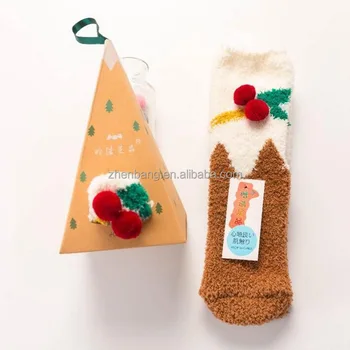 Cute Animal Design Deer Christmas Socks Women 3D Fluffy Coral Velvet Thick Warm Winter Socks with Box R0744