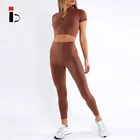 Fitness Yoga Wear Compression Soft No See Through Short Sleeves Half Zip Crop T-shirts