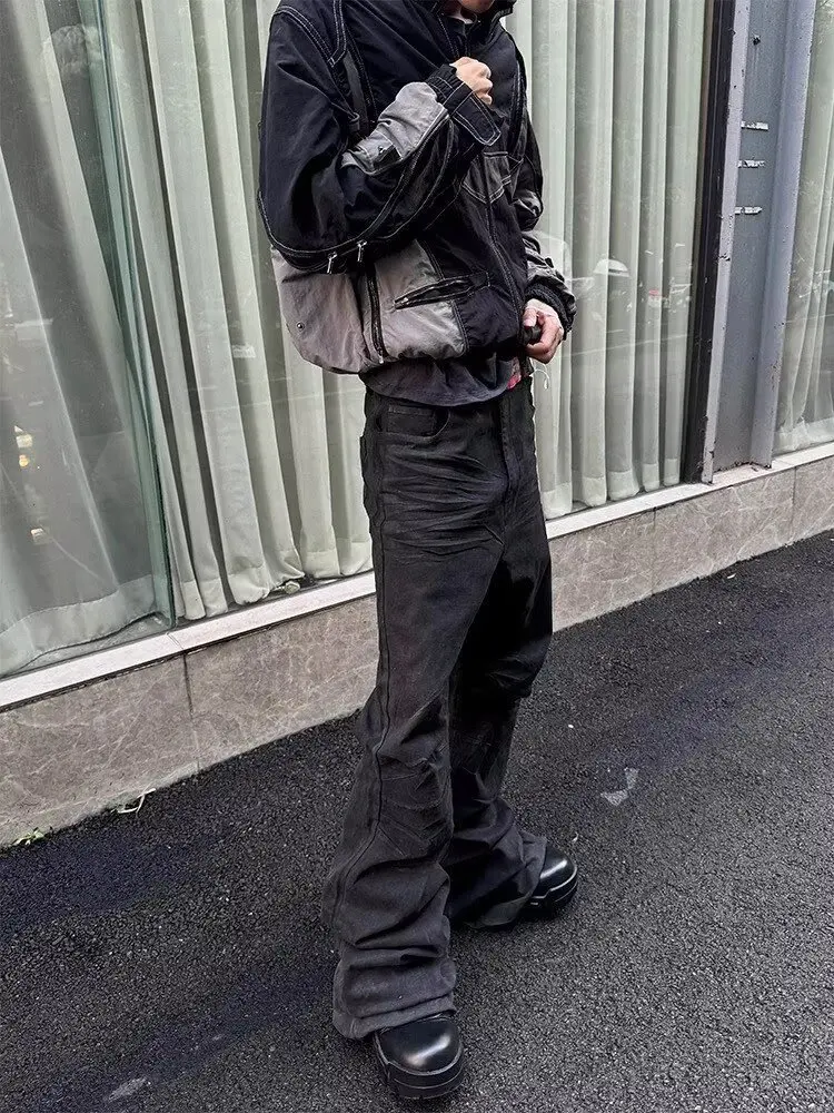 American High Street Vibe Style Niche Handmade Washed Denim Brushed Wax Coating Slim Flared Stretchy Straight Trousers Men manufacture