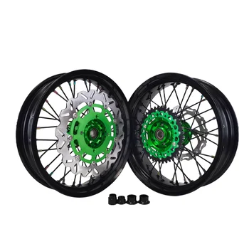Personalized Customization 17" Supermoto Wheels With Black Rims And Green Hubs