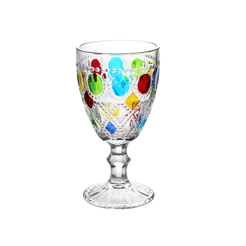 Manufacturer Wholesale Glassware Colored Champagne Glasses Vintage Embossed Wine Glass Goblet with Pattern