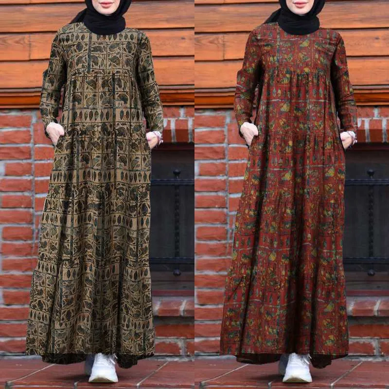 Factory Wholesale Women's Long Sleeve Dresses Cotton Linen Loose Pullover O-Neck Muslim Women's Clothes  Casual Dress