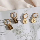 Flower Earrings French Style 18K Stainless Steel Rose Flower Square Portrait Elizabeth Gold Coin Hoop Earrings