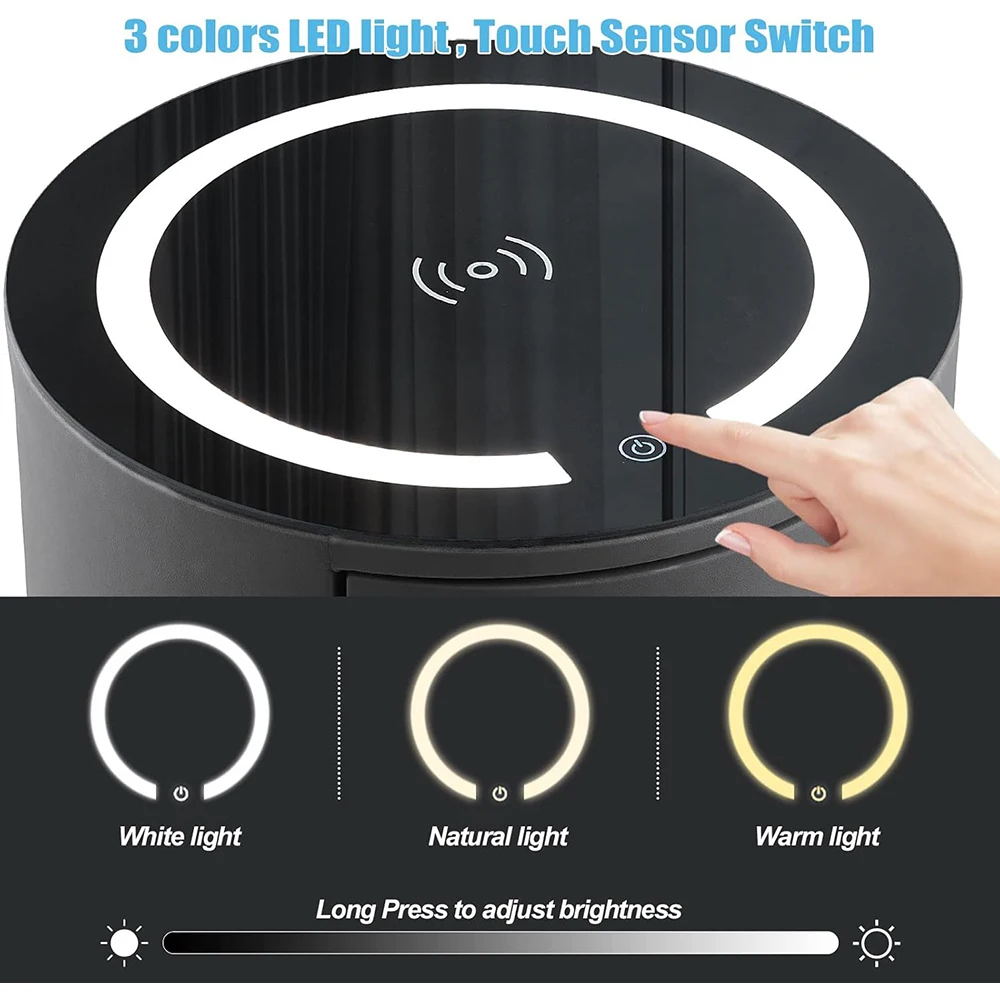 Dark Grey Wood Smart Nightstand with Wireless Charging Station & LED Lights Modern Round 3-Drawer Bedroom Storage Furniture details