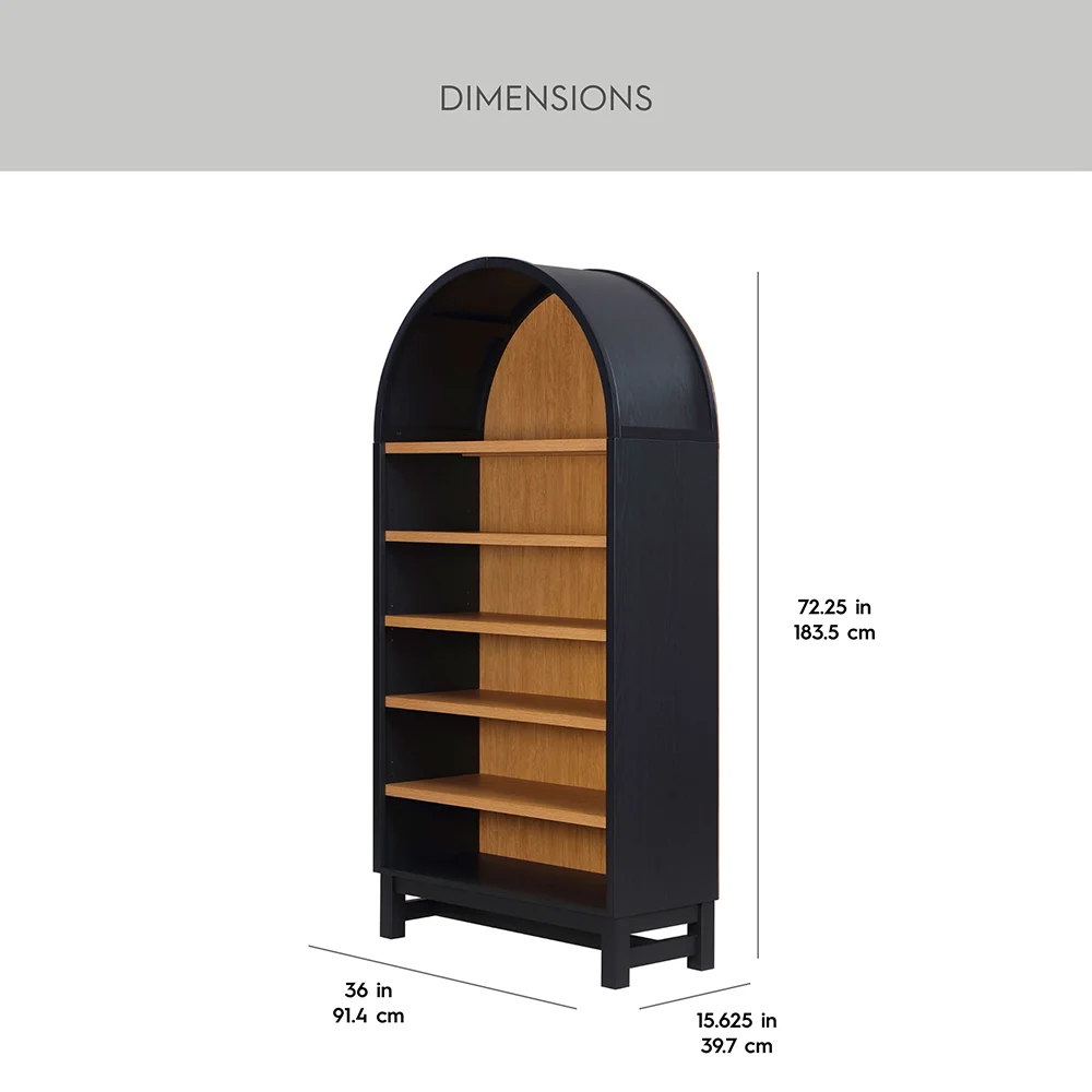 Rich Black and Light Honey Open Arched Top 6-Tier Wood Bookcase with 3 Adjustable and 2 Fixed Shelves details