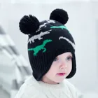 Dinosaur Printed Children Knitted Hat And Gloves Set Cute Pompom Kid Winter Hats