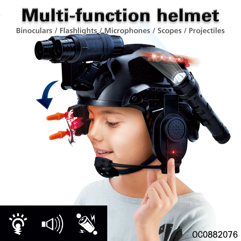 Flashlight earphone amplifier 4x telescope role play toy helmet set for kids