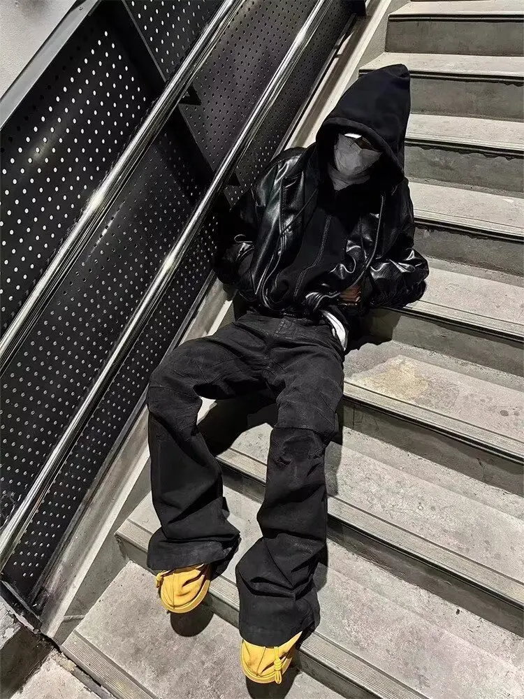 American High Street Vibe Style Niche Handmade Washed Denim Brushed Wax Coating Slim Flared Stretchy Straight Trousers Men factory