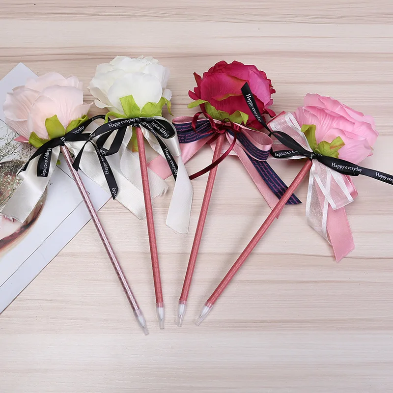 Rose Ballpoint Pen Creative Gifts Bow DIY Artificial Flowers Advertising Wedding Writing Pen for Rewards Party Favor Office