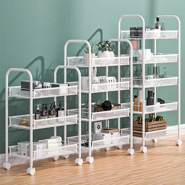 Wholesale steel 4 layer mesh wire basket mobile rolling frame bathroom kitchen storage practical shelf trolley